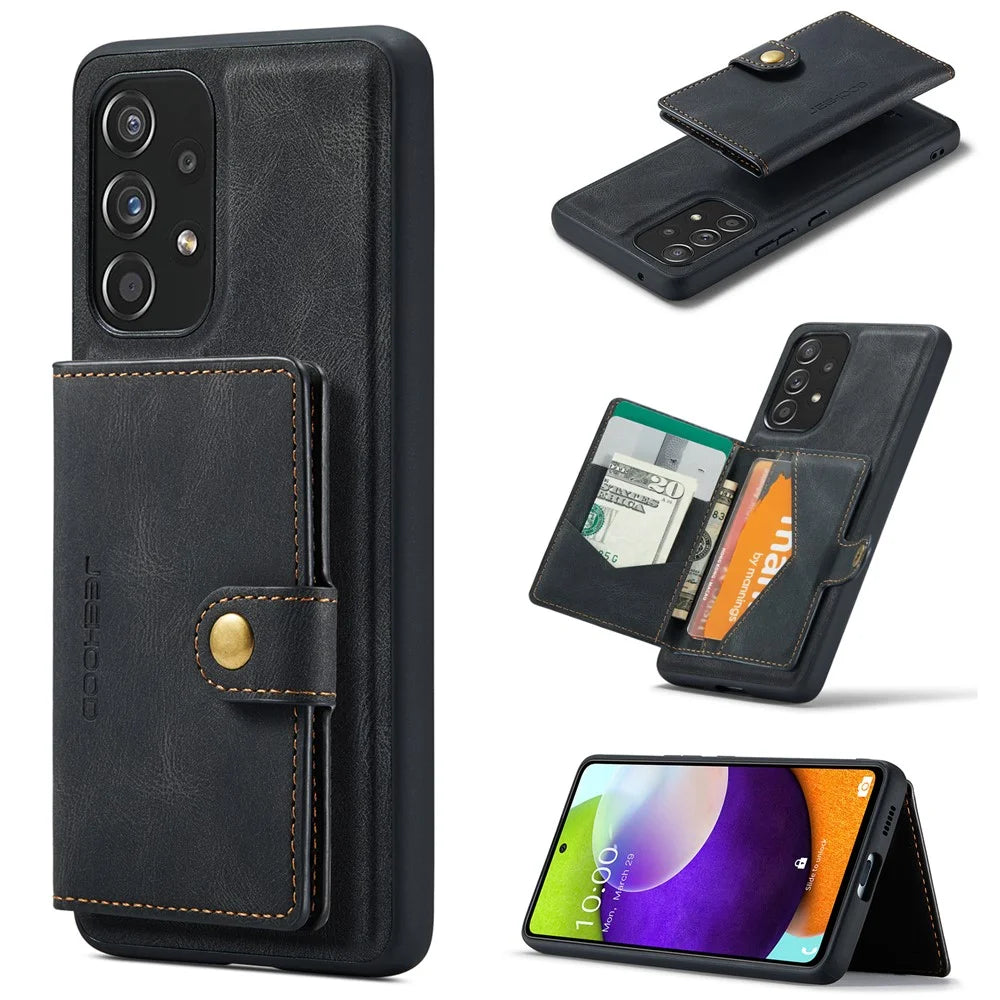 JEEHOOD J01 For Samsung Galaxy A53 5G Case Leather Phone Back Cover Magnetic Detachable Card Bag - Black - 1