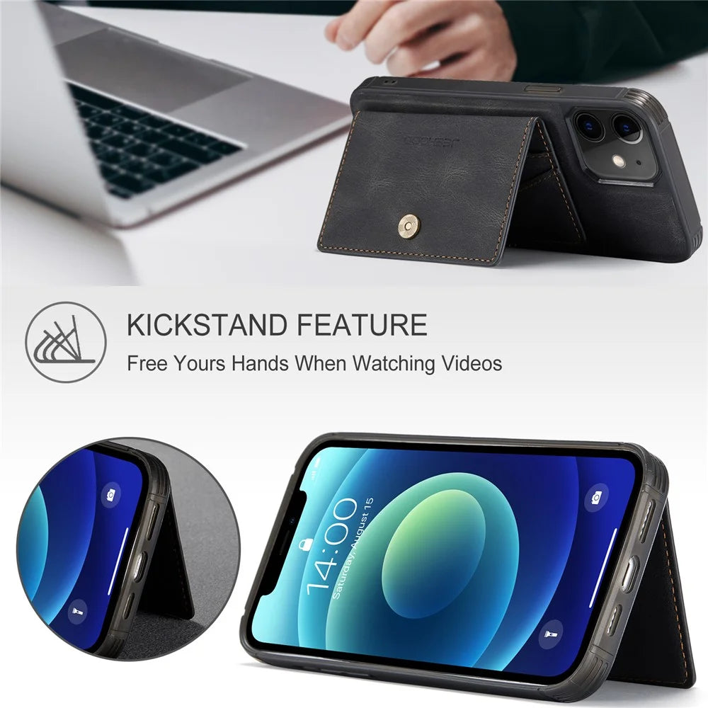 JEEHOOD J01 For iPhone 12 / 12 Pro Case Leather Phone Back Cover Magnetic Detachable Card Bag - Black - 5