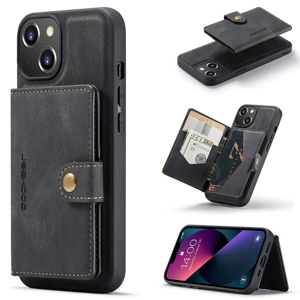 JEEHOOD J01 For iPhone 13 Case Detachable Card Holder Leather Back Cover Compatible with MagSafe - Black - 1