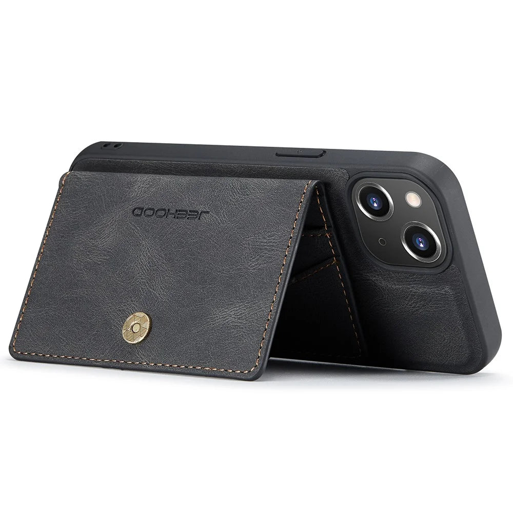 JEEHOOD J01 For iPhone 13 Case Detachable Card Holder Leather Back Cover Compatible with MagSafe - Black - 3