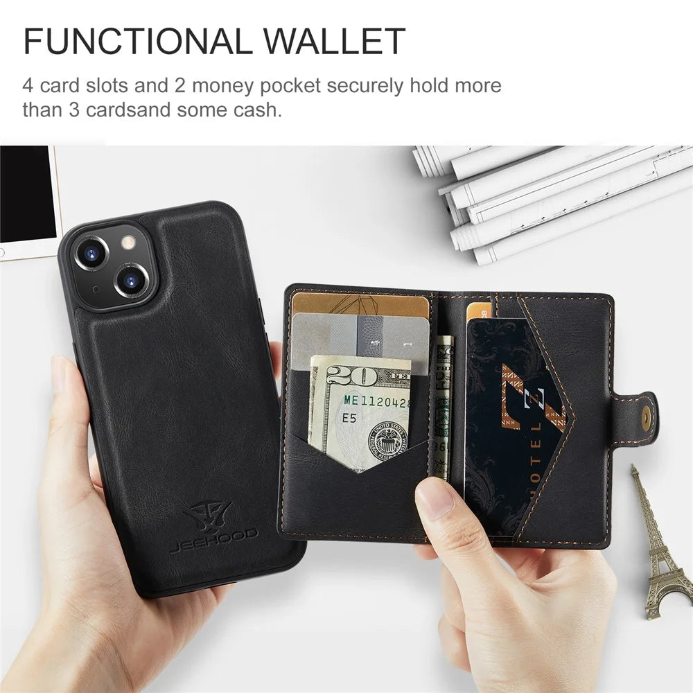 JEEHOOD J01 For iPhone 13 Case Detachable Card Holder Leather Back Cover Compatible with MagSafe - Black - 7