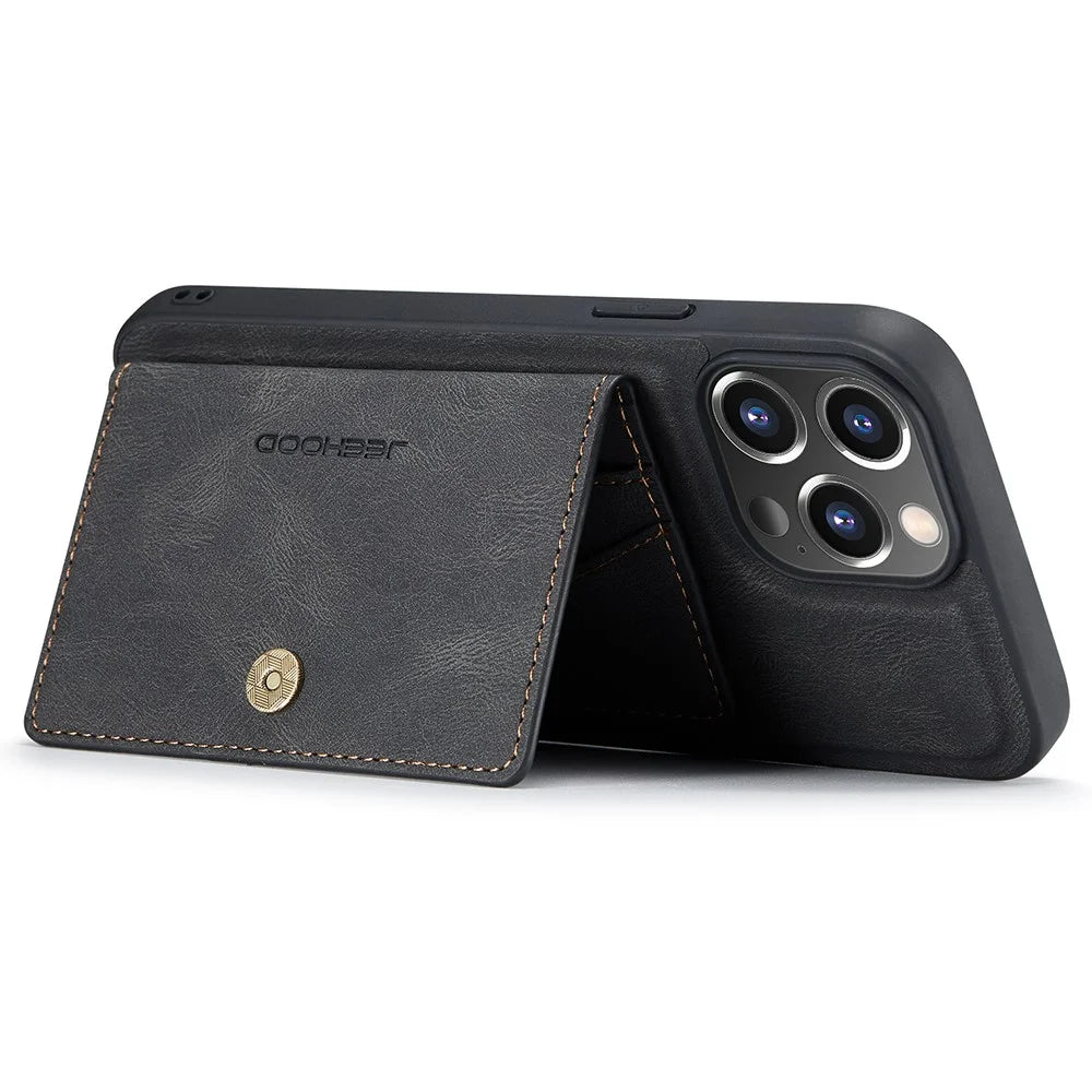JEEHOOD J01 For iPhone 13 Pro Case Leather+TPU Phone Cover Card Holder Detachable Magnetic Back - Black - 3