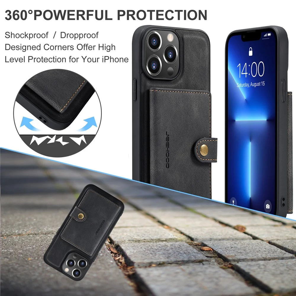 JEEHOOD J01 For iPhone 13 Pro Case Leather+TPU Phone Cover Card Holder Detachable Magnetic Back - Black - 6