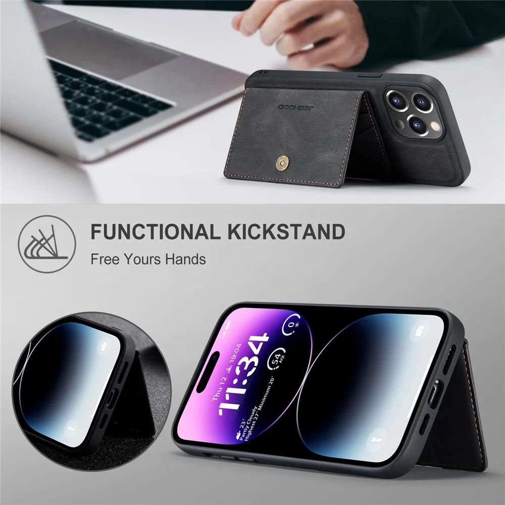 JEEHOOD J01 For iPhone 14 Pro Case Leather+TPU Phone Cover Magnetic Detachable with Card Holder Pocket - Black - 5