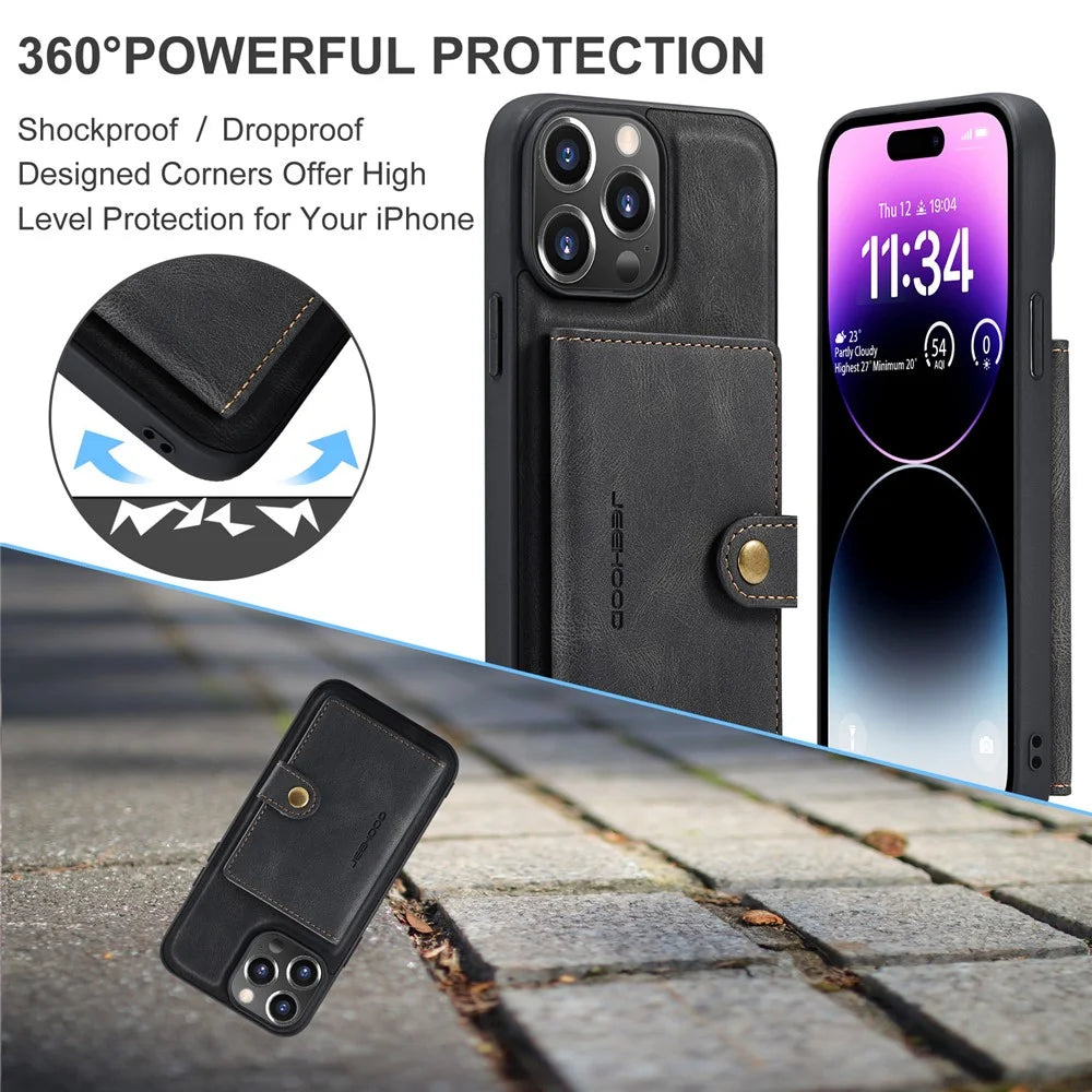 JEEHOOD J01 For iPhone 14 Pro Case Leather+TPU Phone Cover Magnetic Detachable with Card Holder Pocket - Black - 6