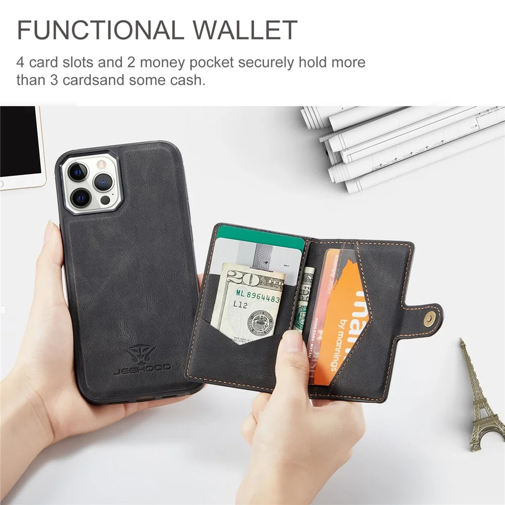 JEEHOOD J01 For iPhone 12 Pro Max Case Magnetic Detachable Leather Back Phone Cover Card Holder Kickstand - Black - 7