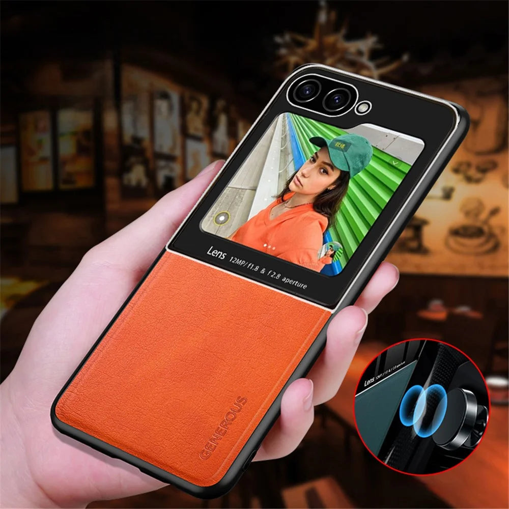 For Samsung Galaxy Z Flip7 FE 5G / Z Flip6 5G Case Leather Back Cover with Rear Small Screen Protector - Orange - 2