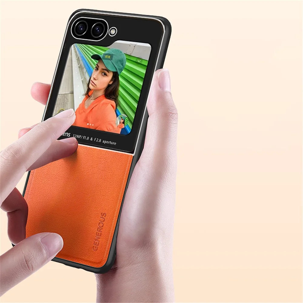 For Samsung Galaxy Z Flip7 FE 5G / Z Flip6 5G Case Leather Back Cover with Rear Small Screen Protector - Orange - 4