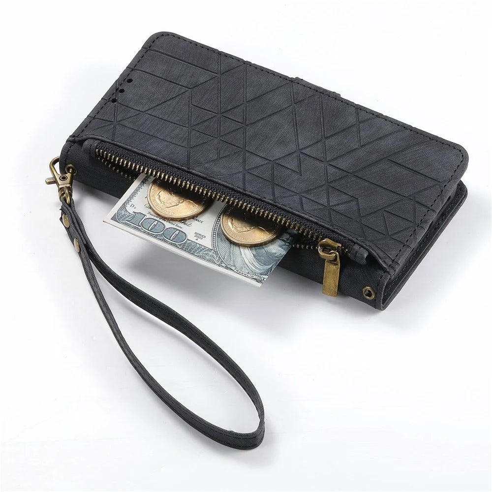 For Nothing Phone (2a) Plus / Phone (2a) Zipper Wallet Case Geometry Lines Leather Phone Cover with Strap - Black - 4