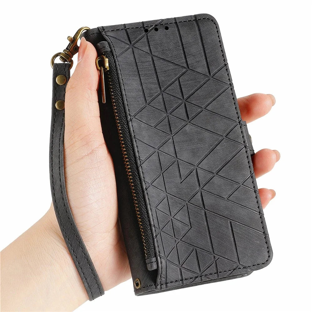 For Nothing Phone (2a) Plus / Phone (2a) Zipper Wallet Case Geometry Lines Leather Phone Cover with Strap - Black - 5