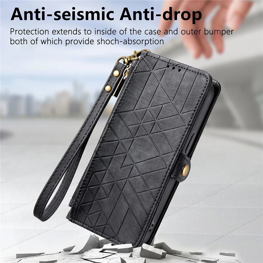 For Nothing Phone (2a) Plus / Phone (2a) Zipper Wallet Case Geometry Lines Leather Phone Cover with Strap - Black - 6