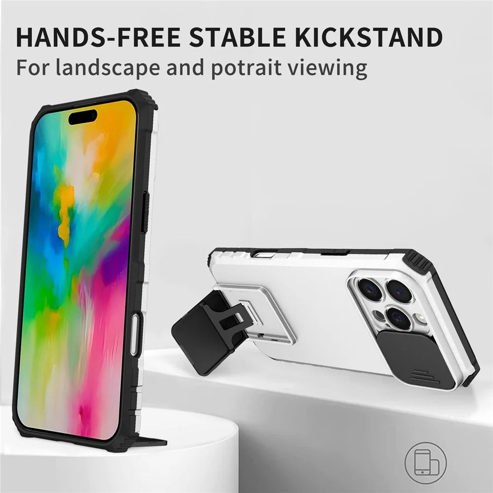 For iPhone 16 Pro Max Case Camera Slider PC + TPU Phone Cover with Kickstand - White - 3
