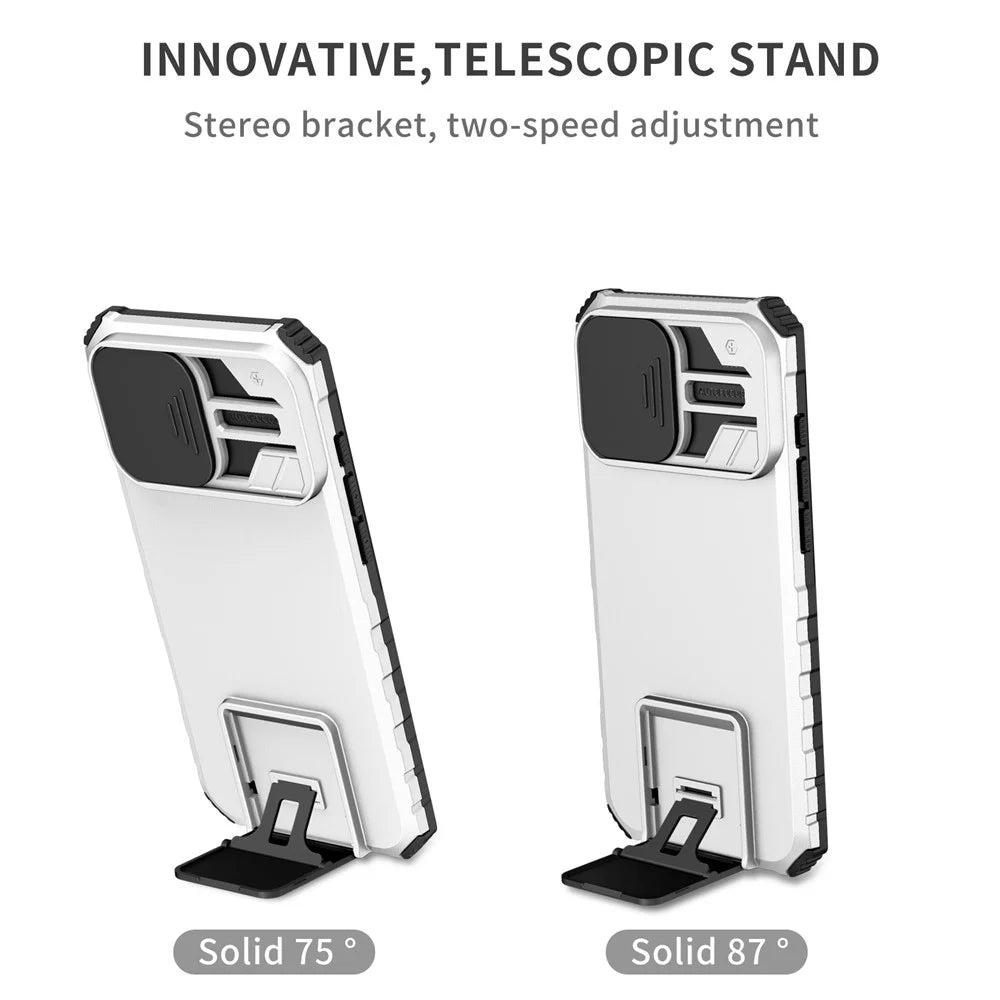 For iPhone 16 Pro Max Case Camera Slider PC + TPU Phone Cover with Kickstand - White - 4