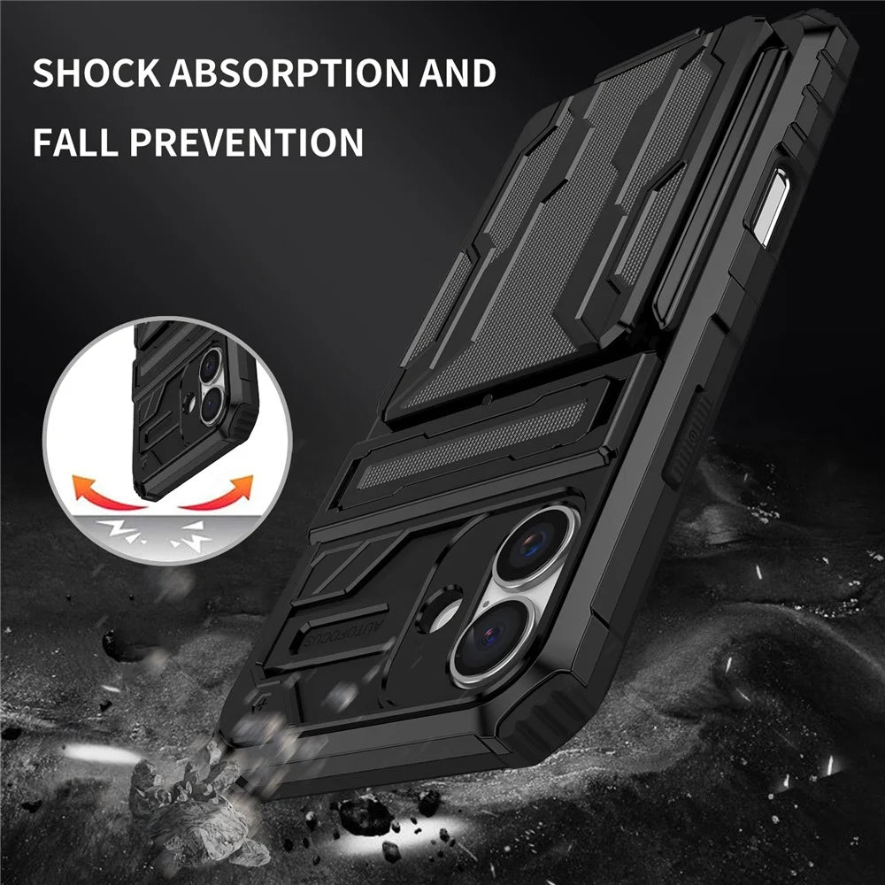 For iPhone 16 Plus Case with Card Holder PC + TPU Phone Back Cover Kickstand - Black - 6