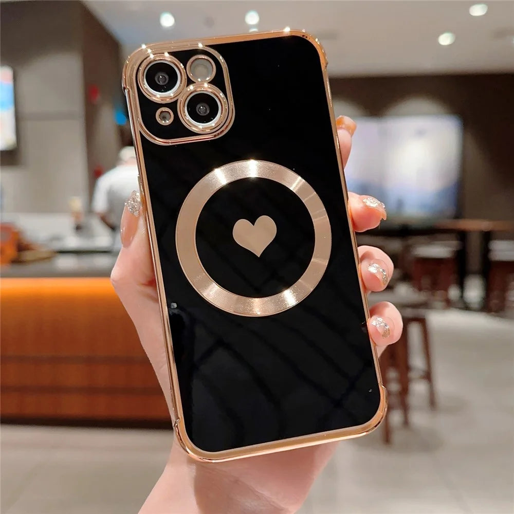 For iPhone 13 Magnetic Case Love Heart Pattern TPU Anti-Scratch Phone Cover Electroplating Edge - Black - 1