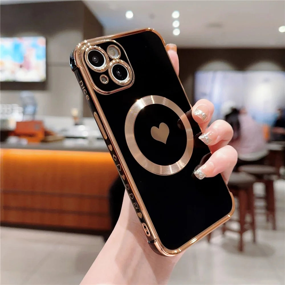 For iPhone 13 Magnetic Case Love Heart Pattern TPU Anti-Scratch Phone Cover Electroplating Edge - Black - 2