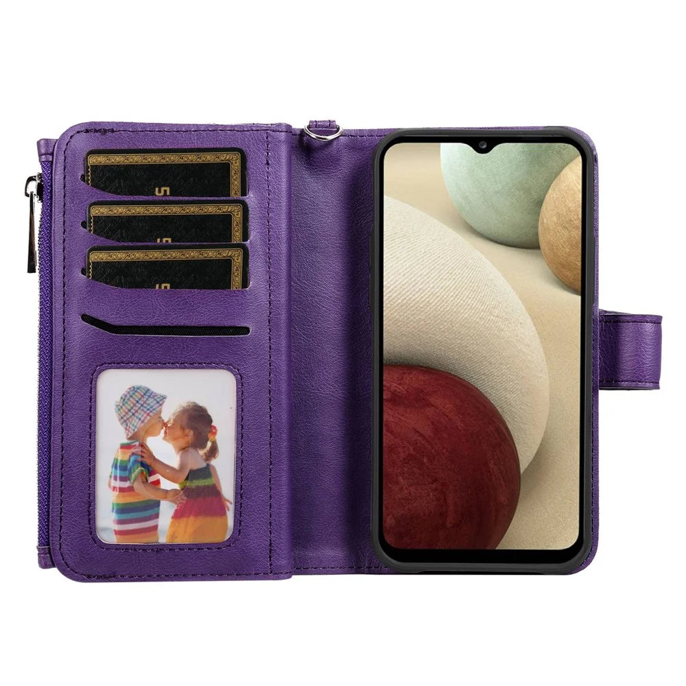 For Samsung Galaxy A12 Magnetic Leather Case Mobile Cover with Detachable Zipper Wallet Strap - Purple - 2