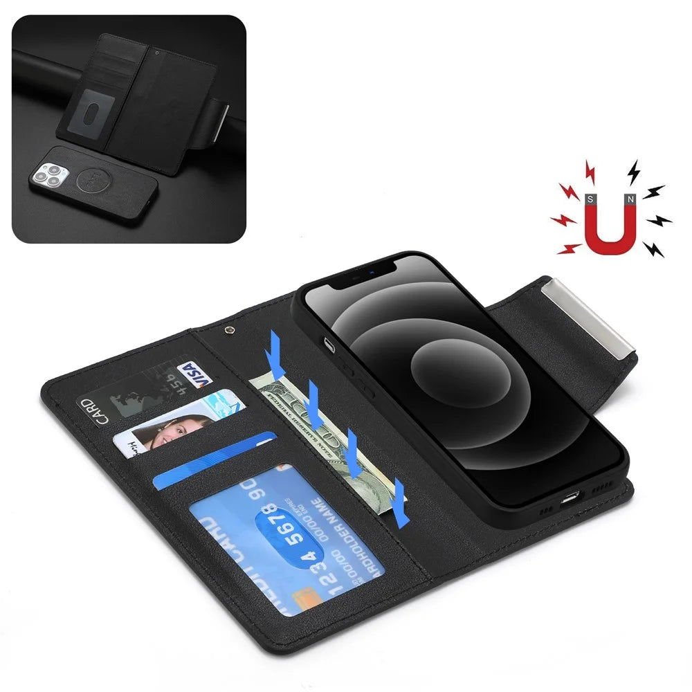 For iPhone 16 Pro Case PU Leather Wallet Detachable Phone Cover - Black - 2