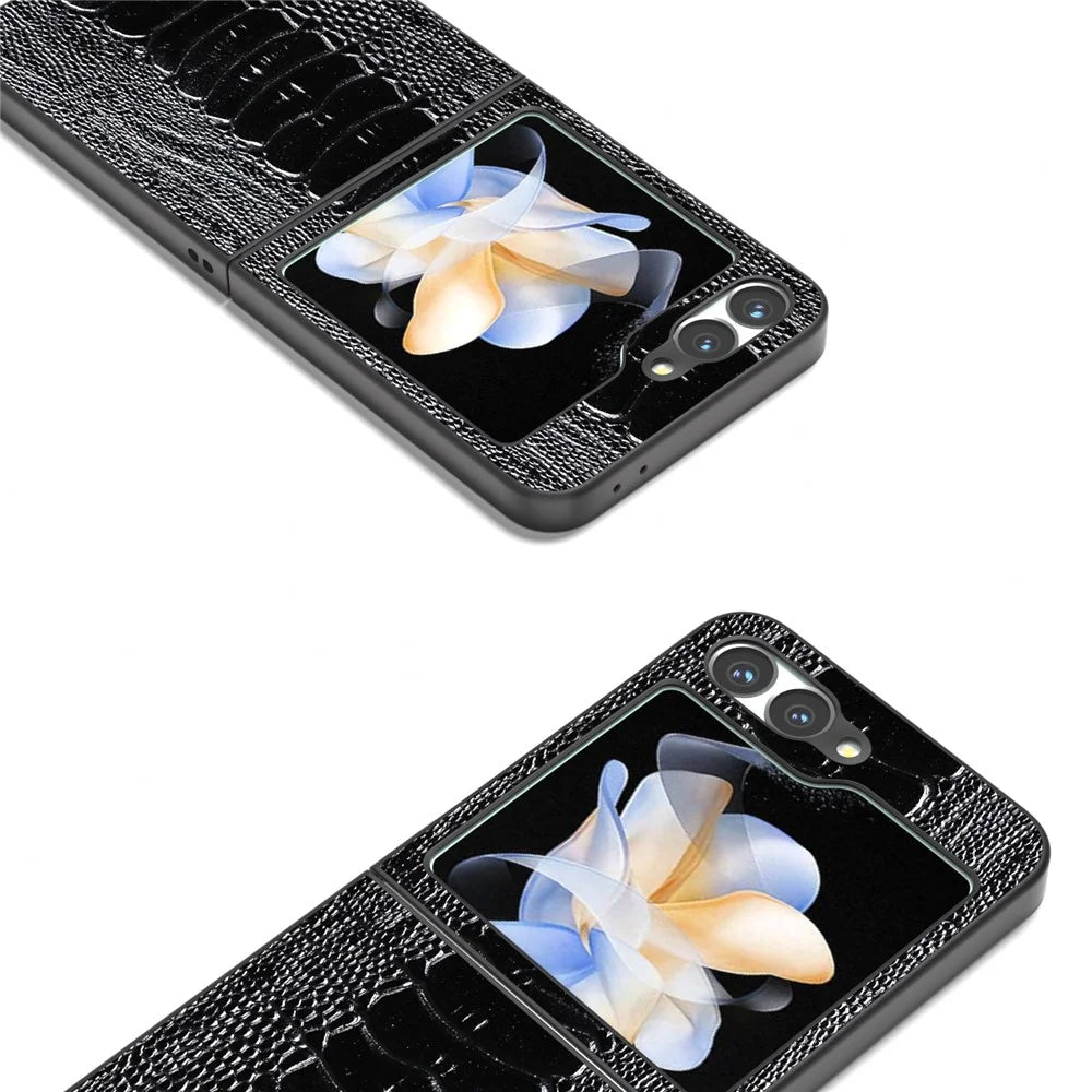 ABEEL For Samsung Galaxy Z Flip7 FE 5G / Z Flip6 5G Case Crocodile Texture Genuine Cow Leather Back Phone Cover - Black - 4