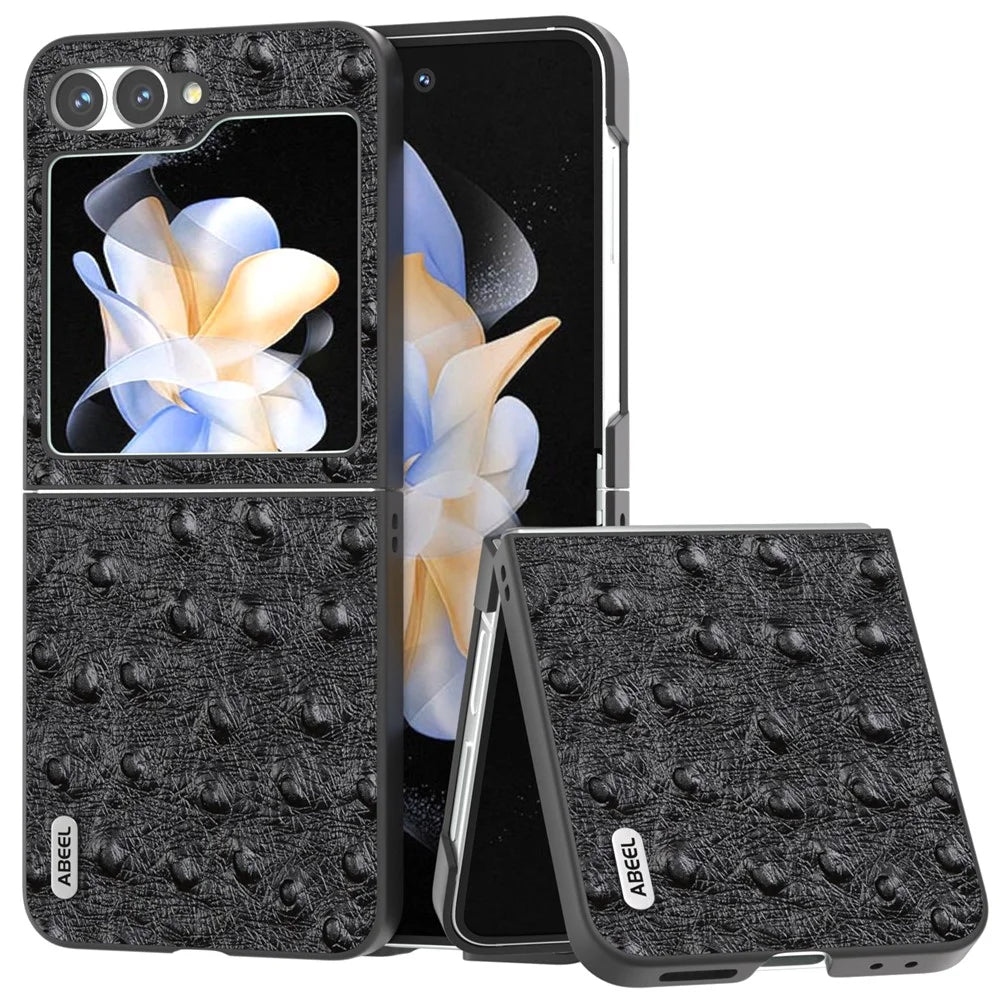 ABEEL For Samsung Galaxy Z Flip7 FE 5G / Z Flip6 5G Case Ostrich Texture Genuine Cow Leather Back Cover - Black - 1