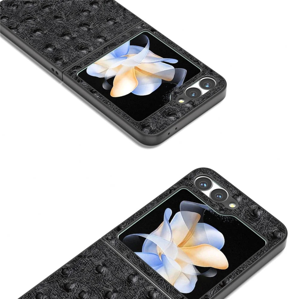 ABEEL For Samsung Galaxy Z Flip7 FE 5G / Z Flip6 5G Case Ostrich Texture Genuine Cow Leather Back Cover - Black - 4