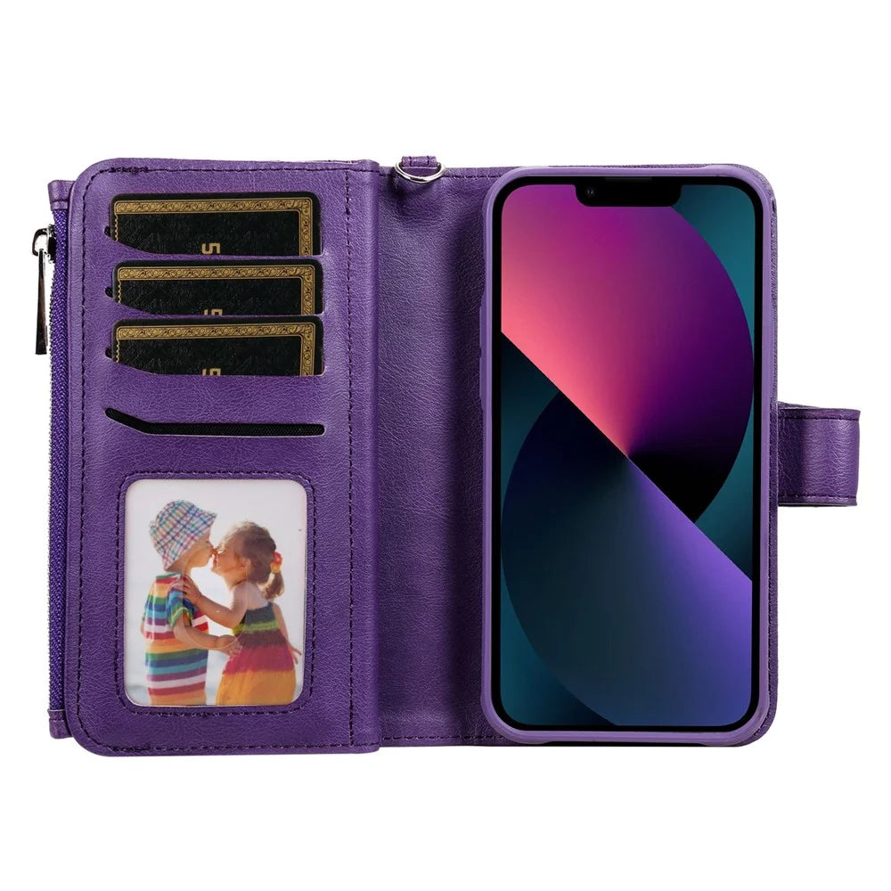 For iPhone 14 Magnetic Leather Case Mobile Cover with Detachable Zipper Wallet Strap - Purple - 2