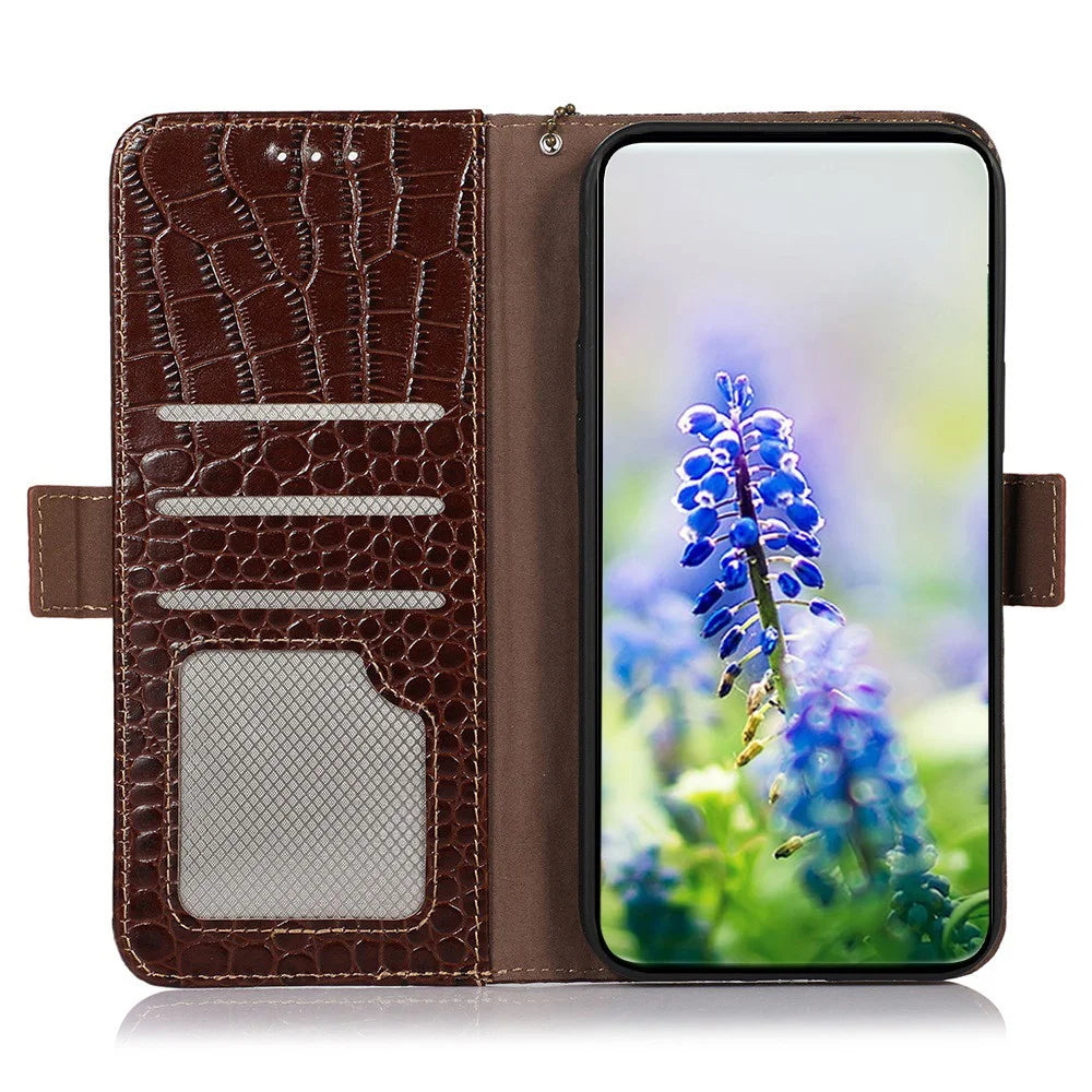 For Sony Xperia 10 VI Case Crocodile Texture Genuine Cow Leather Phone Wallet Cover - Brown - 2
