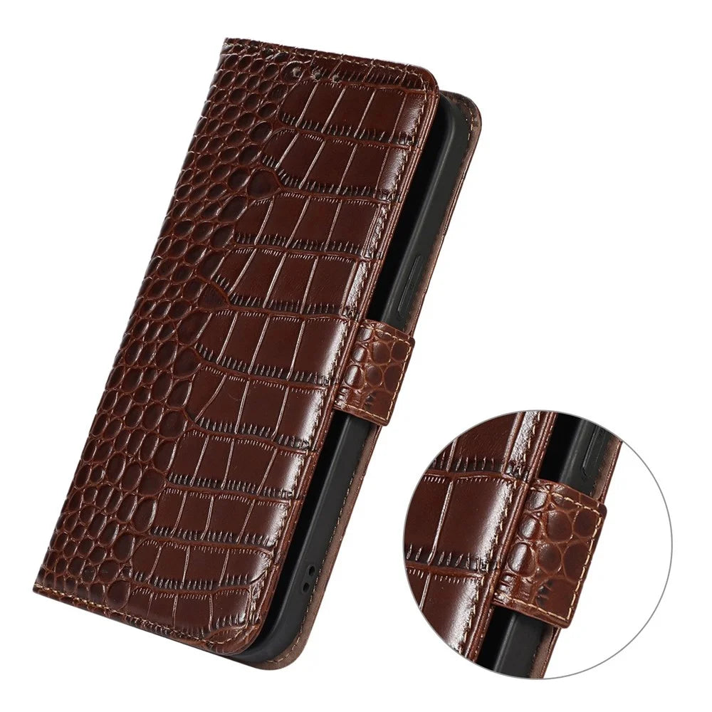 For Sony Xperia 10 VI Case Crocodile Texture Genuine Cow Leather Phone Wallet Cover - Brown - 5