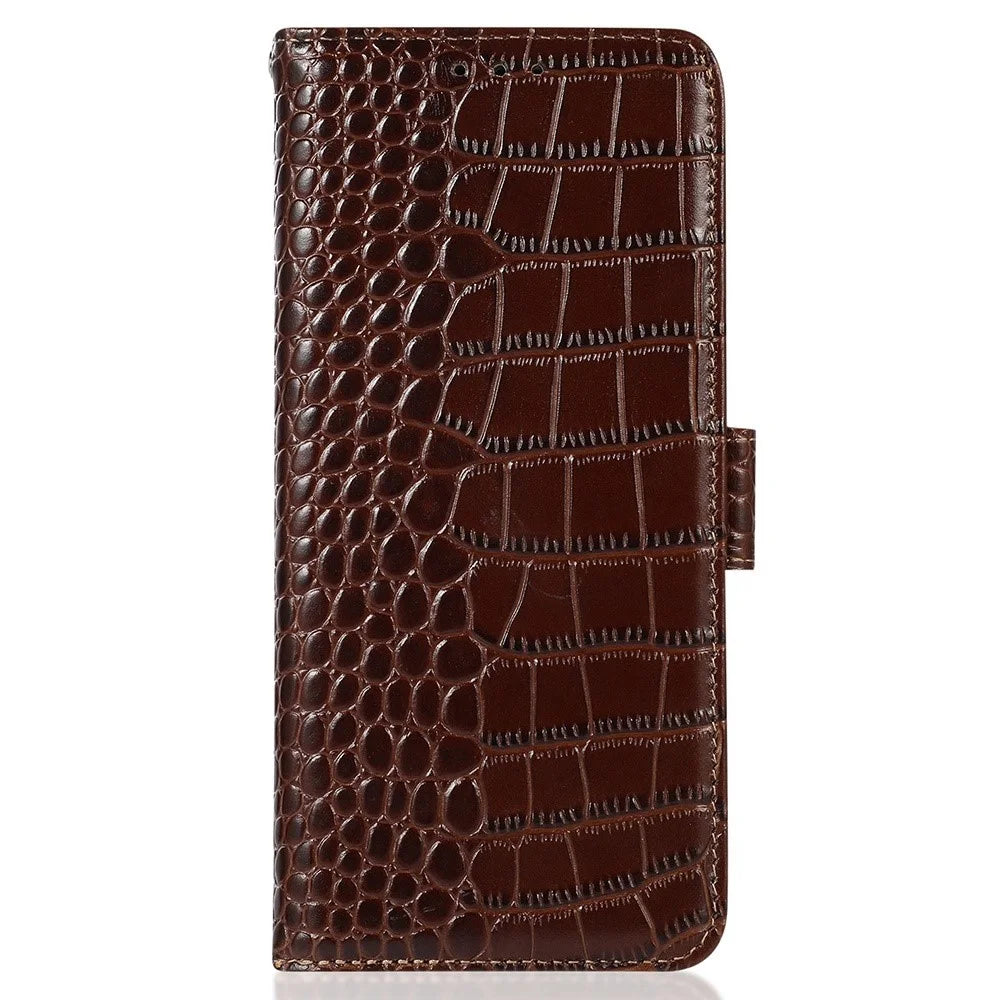 For Sony Xperia 10 VI Case Crocodile Texture Genuine Cow Leather Phone Wallet Cover - Brown - 7