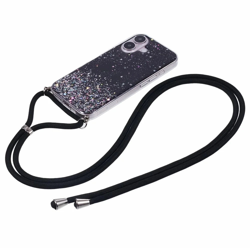AW Series For iPhone 16 Case Cute Bling TPU Epoxy Phone Cover with Lanyard - Black - 2