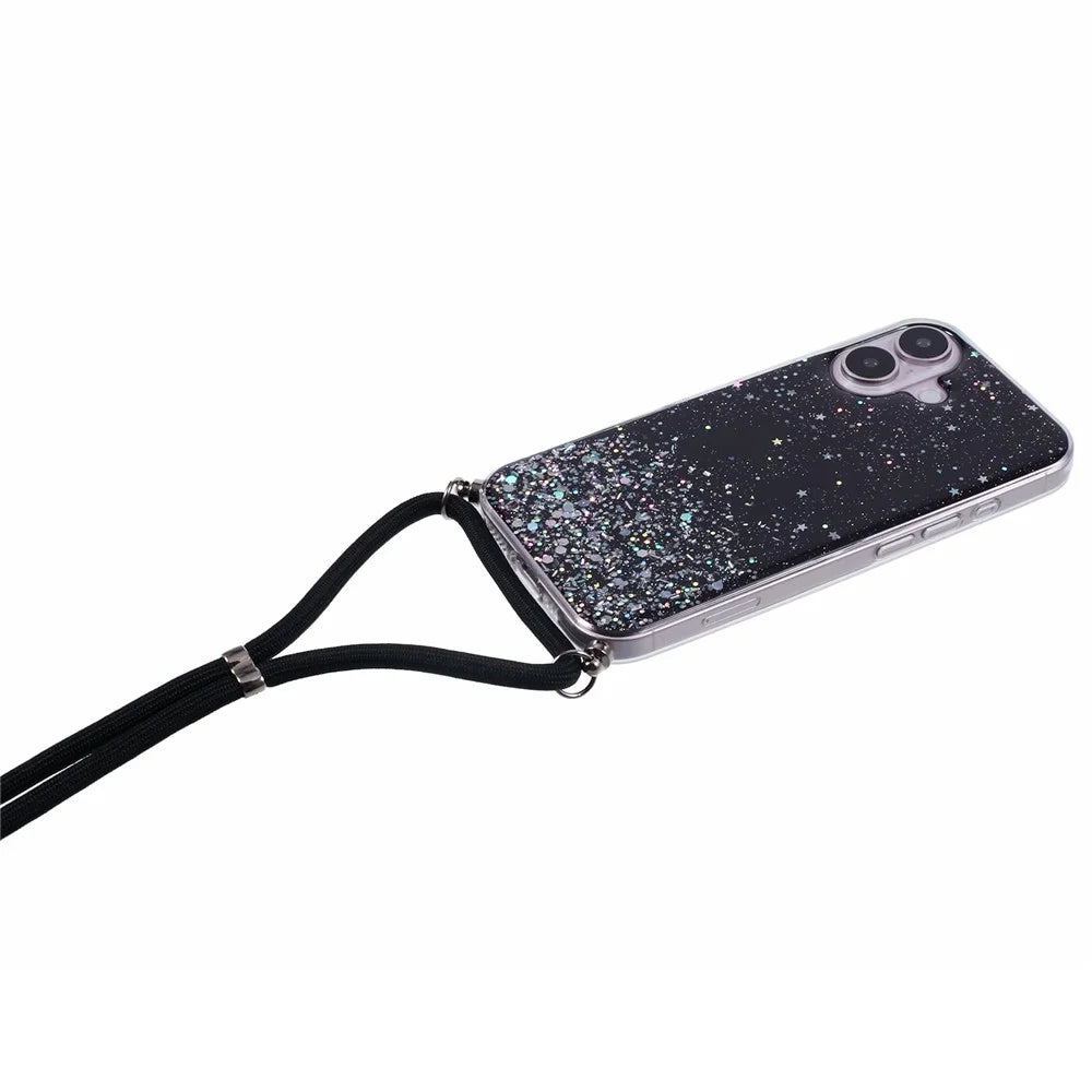 AW Series For iPhone 16 Case Cute Bling TPU Epoxy Phone Cover with Lanyard - Black - 4