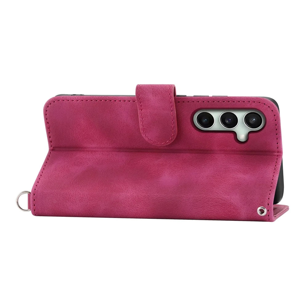 For Samsung Galaxy S24 FE Case Flower Pattern PU Leather Wallet Phone Cover with Shoulder Strap - Wine Red - 2