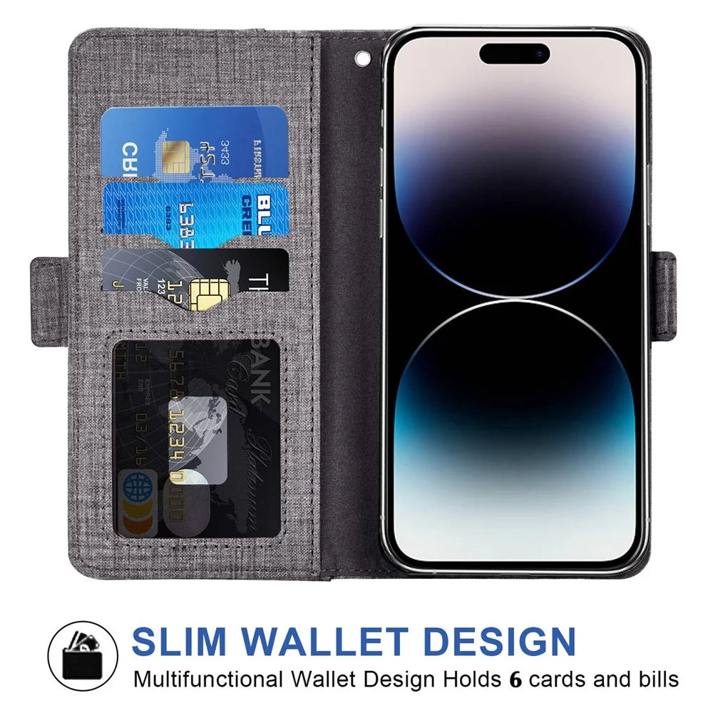 For iPhone 14 Pro Max Jeans Cloth Texture PU Leather Wallet Stand Cover Rotating Card Slot Phone Case - Grey - 2