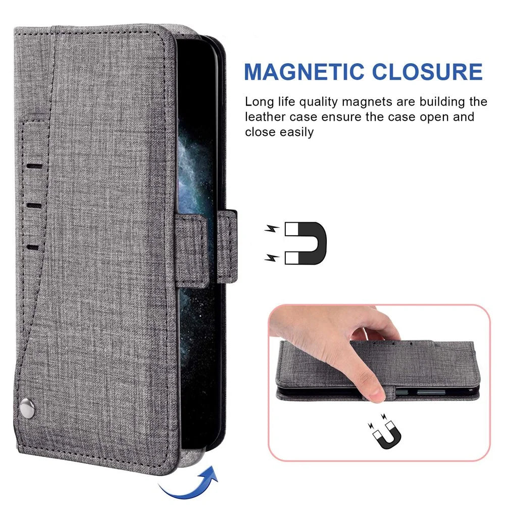 For iPhone 14 Pro Max Jeans Cloth Texture PU Leather Wallet Stand Cover Rotating Card Slot Phone Case - Grey - 4
