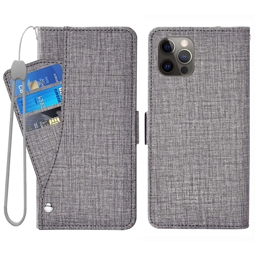 For iPhone 14 Pro Cell Phone Case Jeans Cloth Texture PU Leather Wallet Stand Cover with Rotating Card Slot - Grey - 1