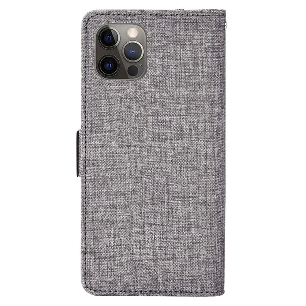 For iPhone 14 Pro Cell Phone Case Jeans Cloth Texture PU Leather Wallet Stand Cover with Rotating Card Slot - Grey - 7