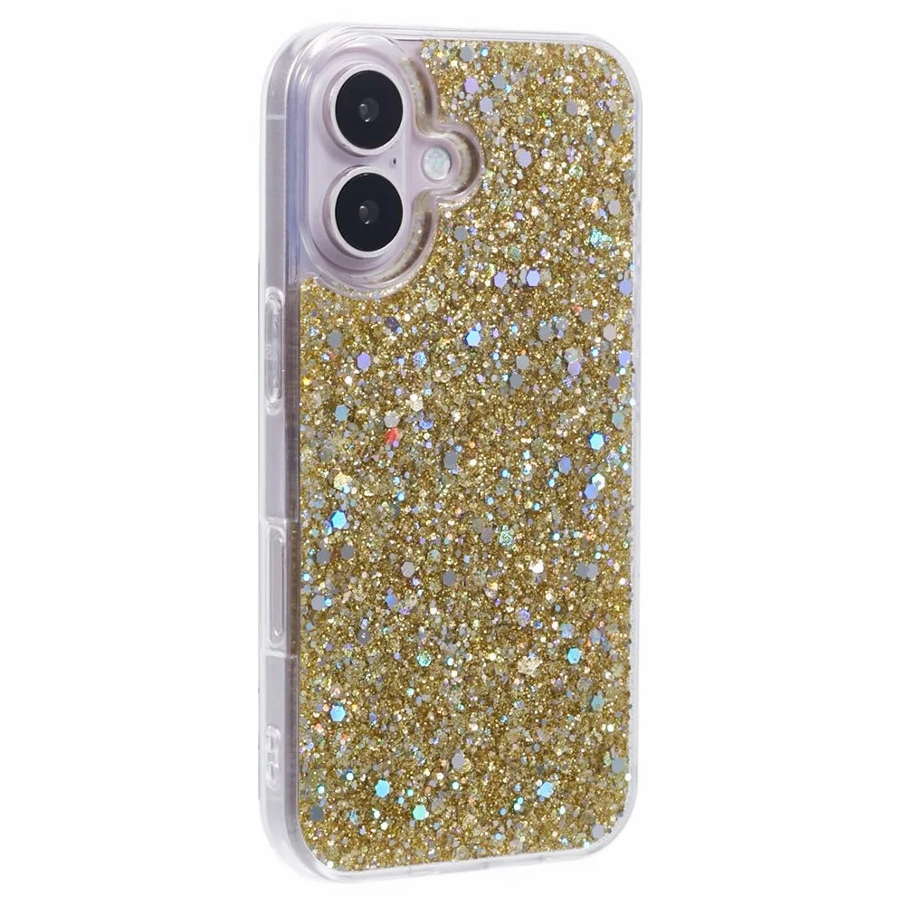 For iPhone 16 Shockproof Case Glittery Design Soft TPU Phone Cover - Gold - 1