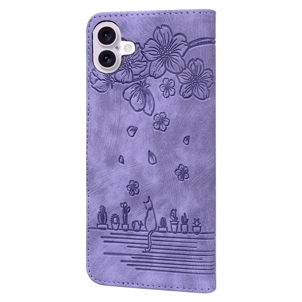 For iPhone 16 Case Cartoon Cat Pattern Card Holder Leather Phone Cover - Purple - 7