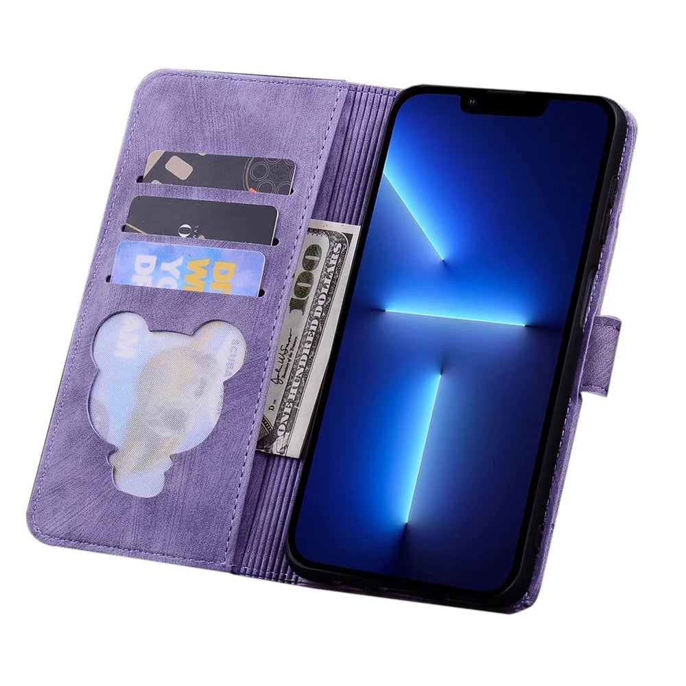 For iPhone 16 Plus Case Flower Cat Imprinted Leather Phone Cover with Card Holder Wallet - Purple - 3