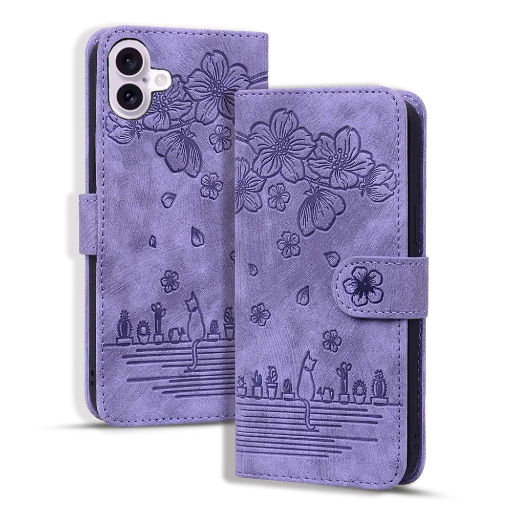For iPhone 16 Plus Case Flower Cat Imprinted Leather Phone Cover with Card Holder Wallet - Purple - 5