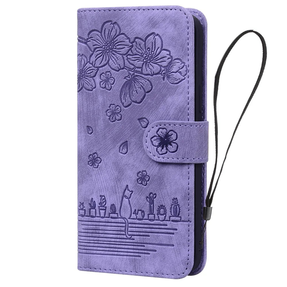 For iPhone 16 Plus Case Flower Cat Imprinted Leather Phone Cover with Card Holder Wallet - Purple - 6