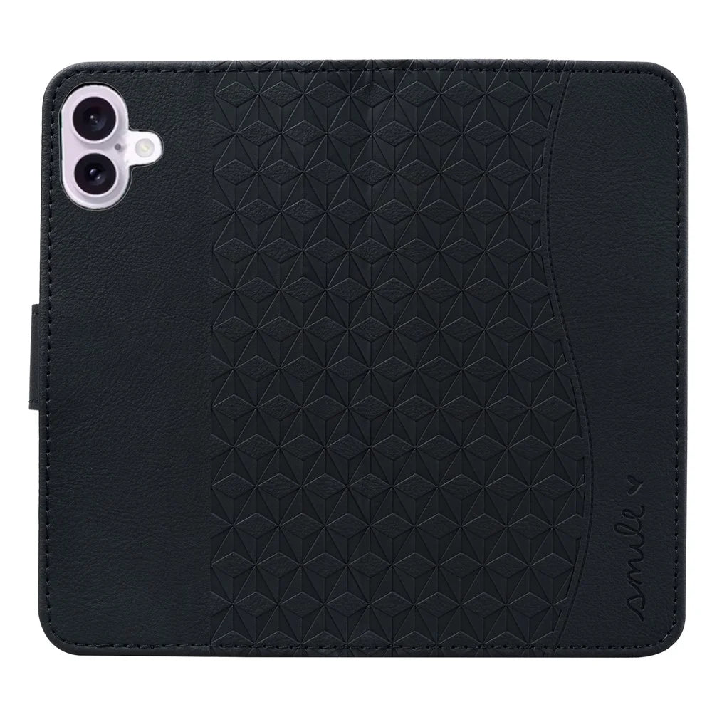 For iPhone 16 Case Rhombus Pattern Leather Phone Cover Wallet Stand Flip - Black - 4