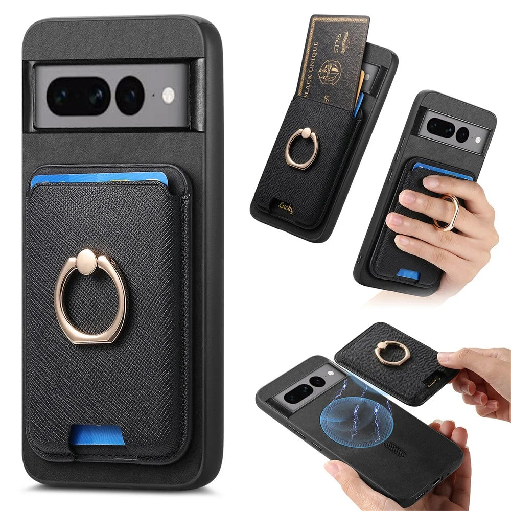 For Google Pixel 7 Pro 5G Magnetic Phone Case with Detachable Ring Holder Card Bag - Black - 1