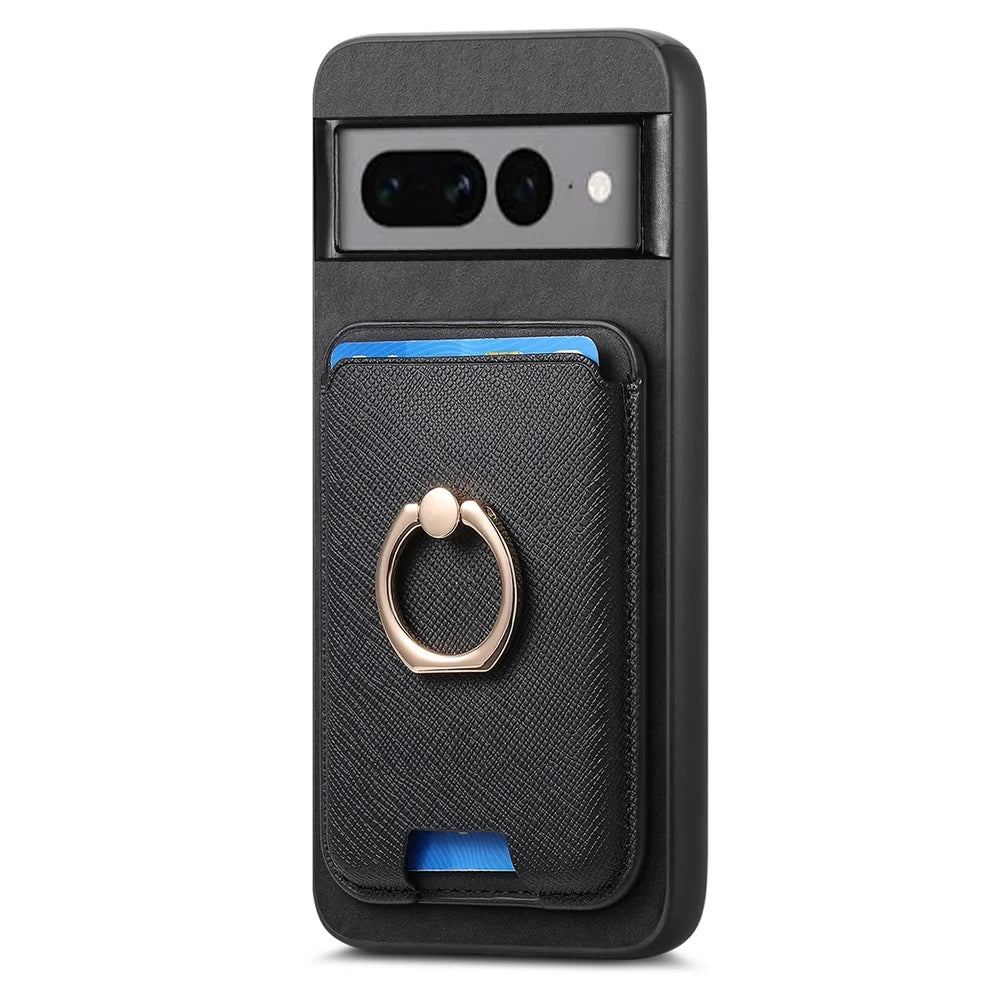 For Google Pixel 7 Pro 5G Magnetic Phone Case with Detachable Ring Holder Card Bag - Black - 2
