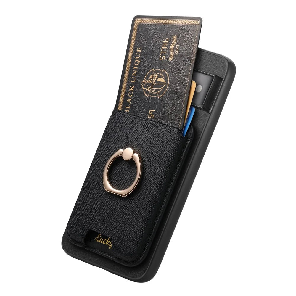 For Google Pixel 7 Pro 5G Magnetic Phone Case with Detachable Ring Holder Card Bag - Black - 3