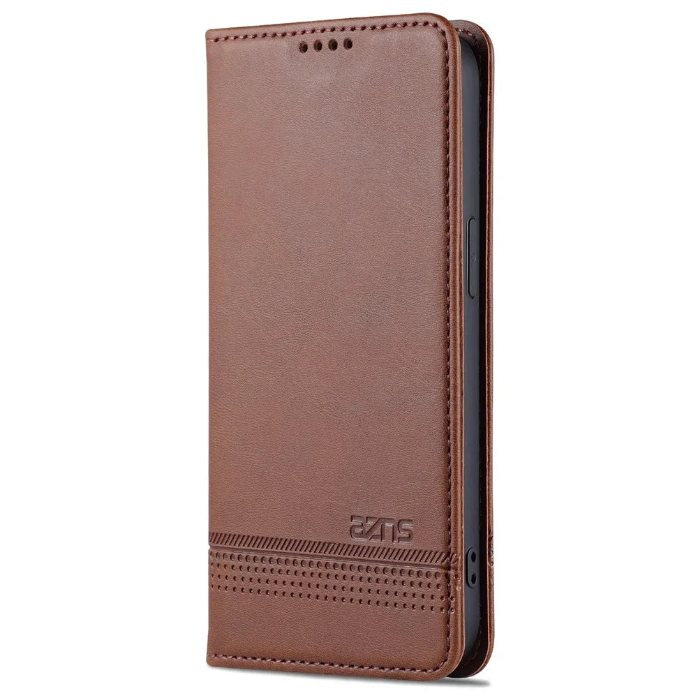 AZNS For iPhone 16 Pro Case Hidden Magnetic PU Leather Phone Cover Cowhide Texture - Coffee - 7