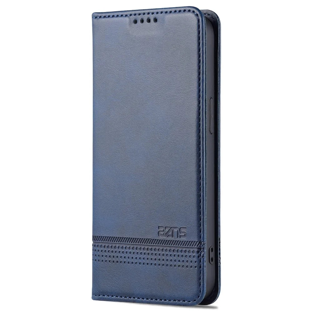 AZNS For iPhone 16 Pro Max Case Folio Wallet PU Leather Phone Cover Cowhide Texture - Blue - 7