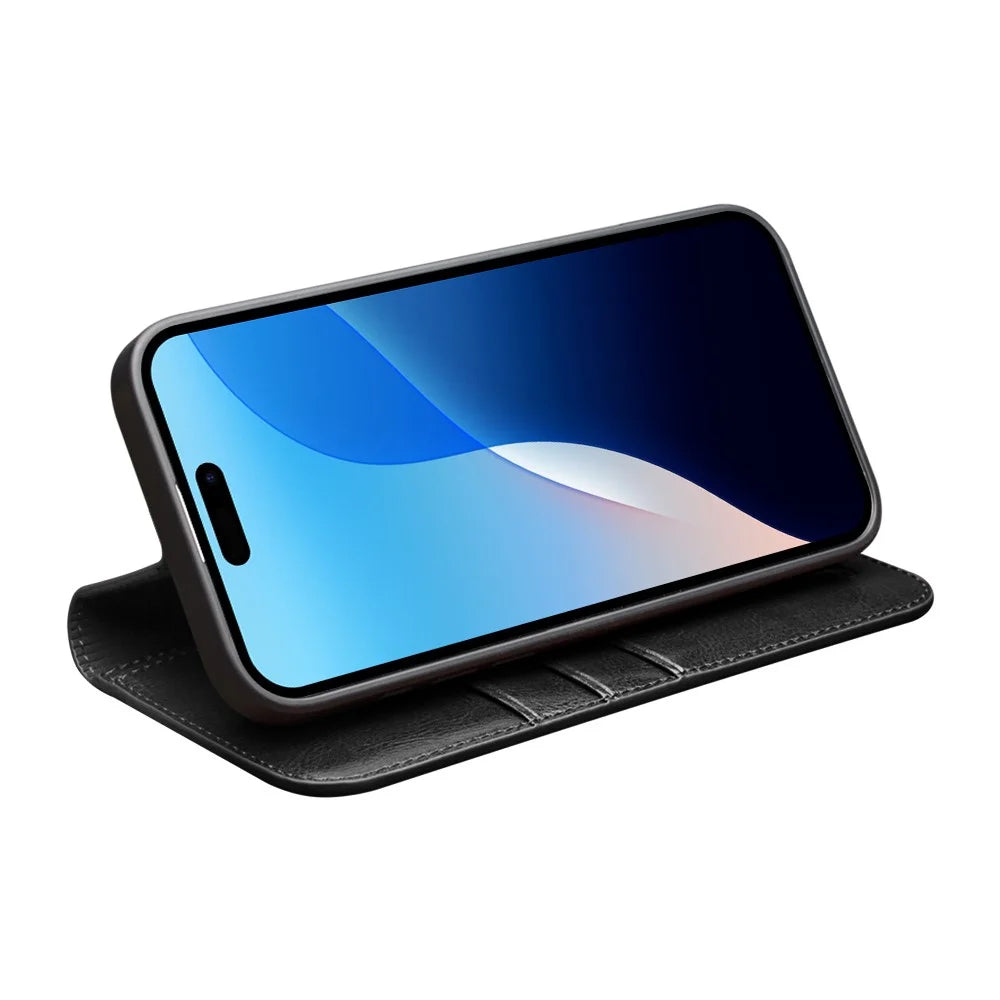 QIALINO For iPhone 16 Pro Max Case Genuine Cow Leather Card Slots Phone Cover - Black - 2