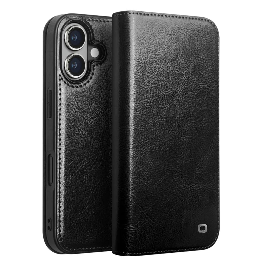 QIALINO For iPhone 16 Plus Case Card Holder Genuine Cow Leather Stand Phone Cover - Black - 1