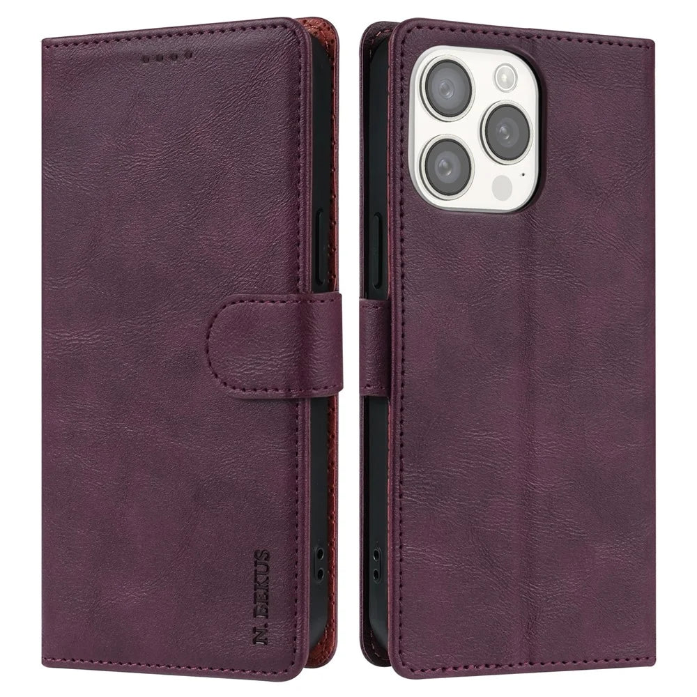 N.BEKUS CSJ-001 For iPhone 16 Pro Max Stand Case PU Leather Wallet Phone Cover - Wine Red - 1